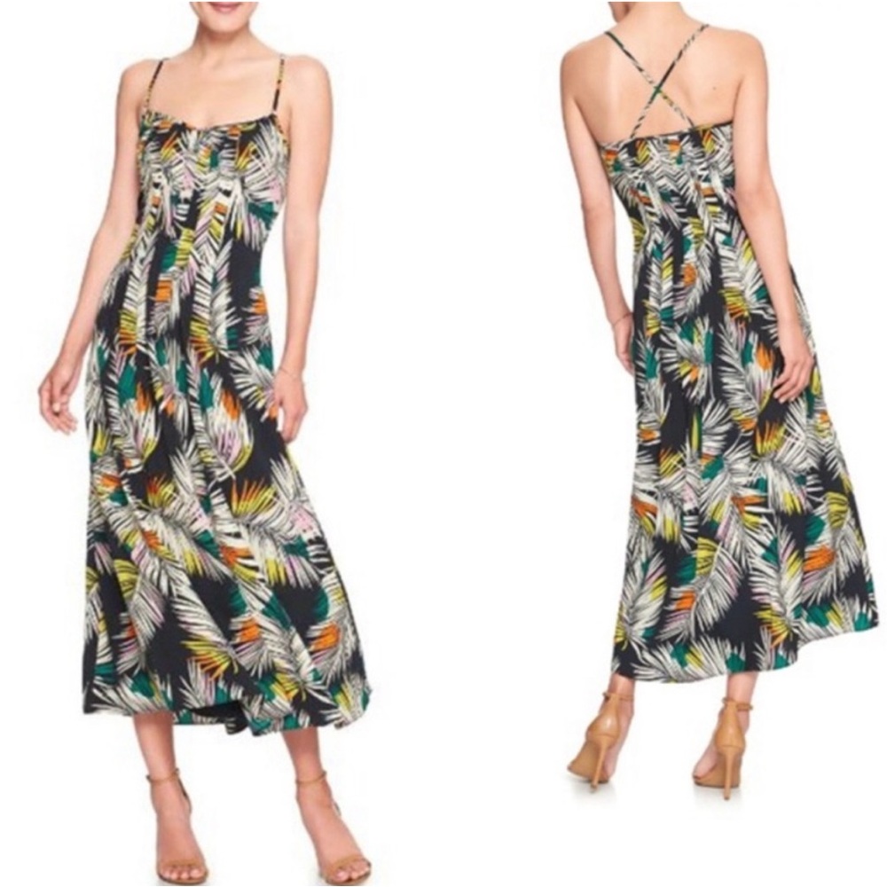BANANA REPUBLIC Palm Leaf Maxi Dress Size 0 Petite EUC Fully lined Side zipper